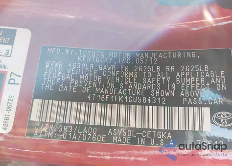 2012 Toyota Camry Xle from USA, damaged, VIN 4T1BF1FK1CU584312